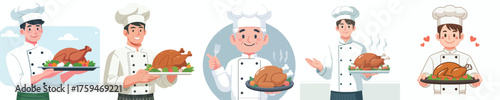 vector of a male chef making a turkey dish
