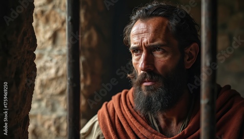 Man with beard in old stone prison looks thoughtful through bars. He wears simple tunic and orange cloth. Faith, hope, and suffering are visible.