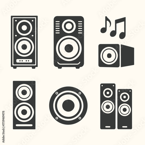 Vector art of collection of various speaker icons and musical notes, isolated on a light background