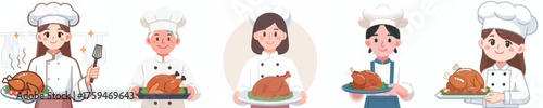 vector of a female chef making a turkey dish