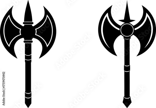 vector illustration of a set of swords, battle axe icon silhouette, Black double bladed battle axe medieval weapon