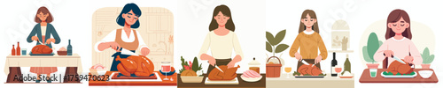 vector of a woman slicing a turkey dish