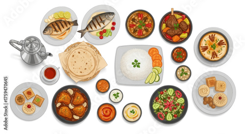 Delicious Middle Eastern Meal Assortment Featuring Grilled Fish, Stews, Salads, and Sweet Treats
