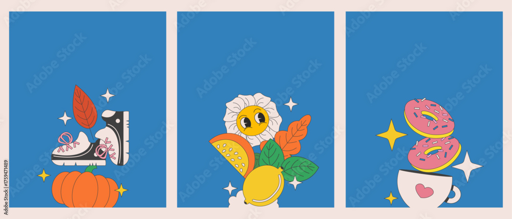 Naklejka premium Retro autumn vibes postcard set