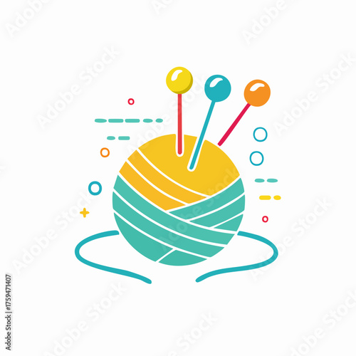Colorful Yarn Ball with Knitting Needles Illustration.