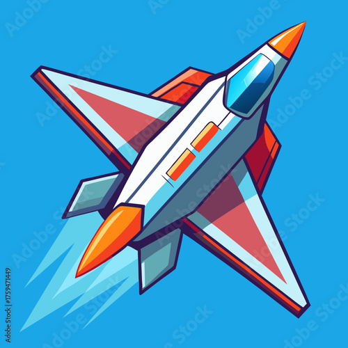 Stylized cartoon rocket ship soaring through a clear blue sky with motion trails