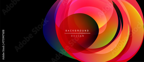 Abstract colorful layers create dynamic circular design. Vibrant gradients blend, forming modern background element. Smooth transitions, visually appealing.