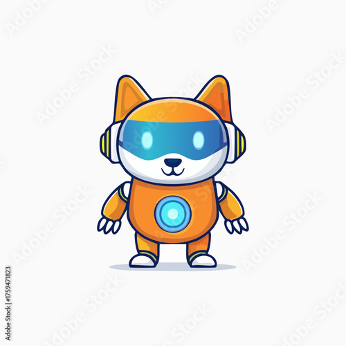 Cute Robot Dog Character with Headphones and Glowing Visor.