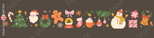 Christmas horizontal banner in vintage style, background, border. Modern beautiful Christmas design with hand-drawn Christmas tree, gifts, Santa, sock, and bell