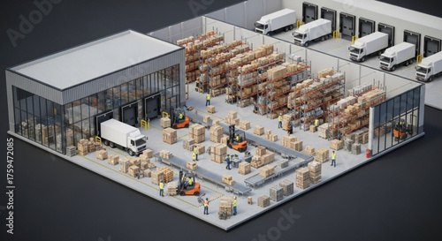 Isometric view of a bustling warehouse interior with workers, forklifts, trucks, and conveyor belts, showcasing logistics and distribution efficiency