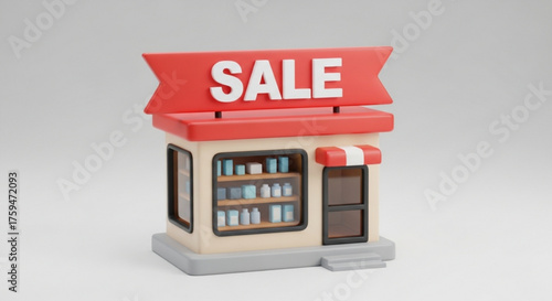 A whimsical 3d rendering of a miniature store with a sale banner, , inviting customers to explore great deals