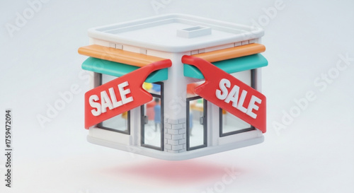 A charming 3d rendering of a miniature store with sale signs, , showcasing a delightful shopping experience