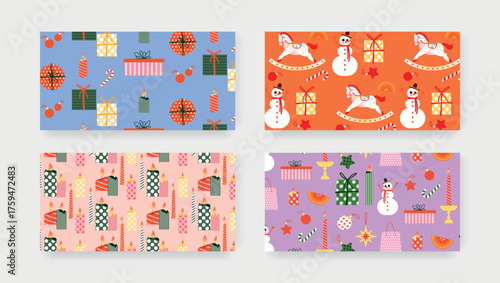 Set of Christmas seamless patterns with gifts, candles, snowmen, rocking horses, ornaments, and candy canes. Festive winter holiday collection in bright pastel colors for wrapping paper, cards
