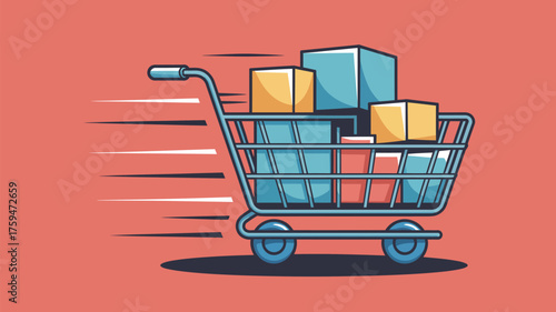 A cartoon image of a shopping cart filled with boxes moving quickly on a red colored background