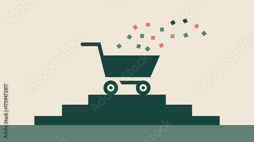 A shopping cart on steps with squares floating out of it in a minimalist style illustration