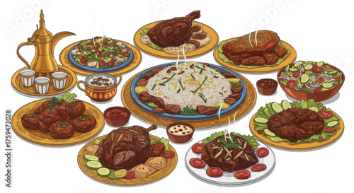 A diverse spread of traditional Middle Eastern cuisine, featuring grilled meats, rice dishes, and fresh salads, served in a festive setting