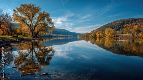 Vibrant Autumn Foliage Reflecting on the Susquehanna River's Serene Waters