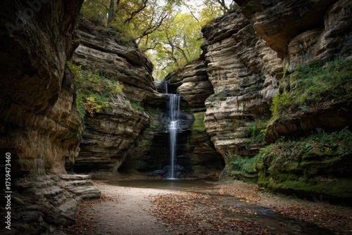 Majestic Waterfall Scene at Starved Rock State Park: Explore Illinois' Natural Canyon Landscapes