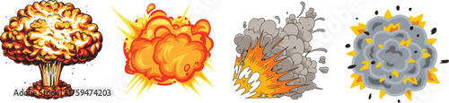Dynamic Illustrations of Explosions A Vibrant Collection Featuring Various Styles and Effects for Design and Visual Projects, Showcasing Different Types of Explosive Forces