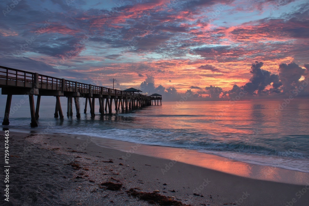 Fototapeta premium Serene Sunrise at Juno Beach: Pier Embraces the Ocean and Sky in Harmony
