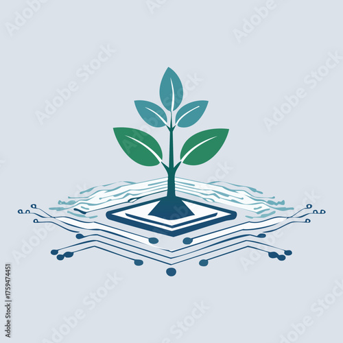 Green plant growing from circuit board symbolizing sustainable technology.