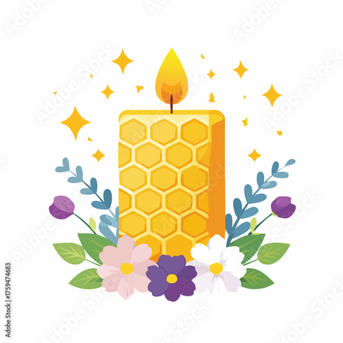 Honeycomb Candle Surrounded by Flowers and Sparkling Stars.