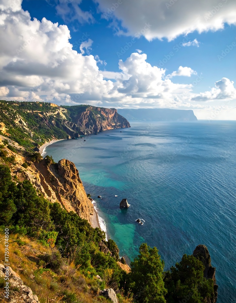 Obraz premium Coastal vista, showcasing cliffs meeting sea beneath a bright blue sky dotted with puffy white clouds. Scenic beauty and tranquility