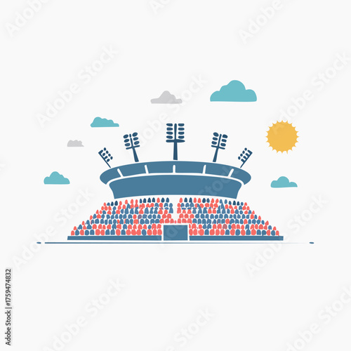 Large outdoor stadium with a crowd of spectators and bright lights under a sunny sky.