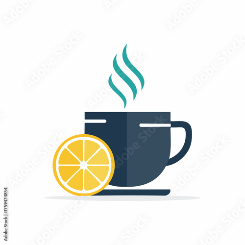 Lemon tea cup with steam and citrus fruit slice.