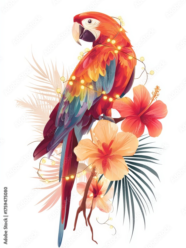 Obraz premium Colorful Parrot Perched Among Tropical Flowers and Greenery With Lights at Night