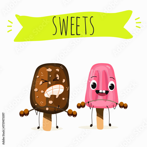 Tasty ice creams, ice-cream cones and popsicle, funny characters, hand drawn vector illustration.