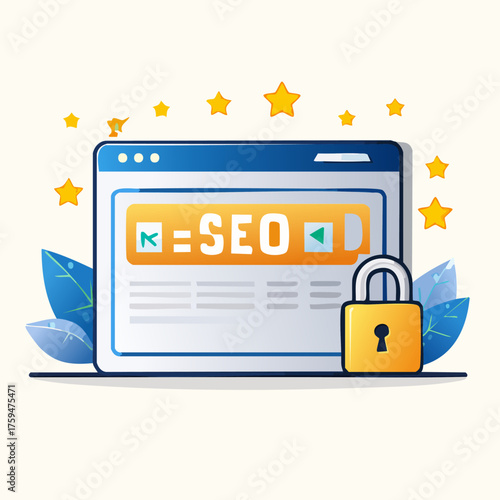 SEO Security - Website Optimization and Protection with Padlock and Stars.