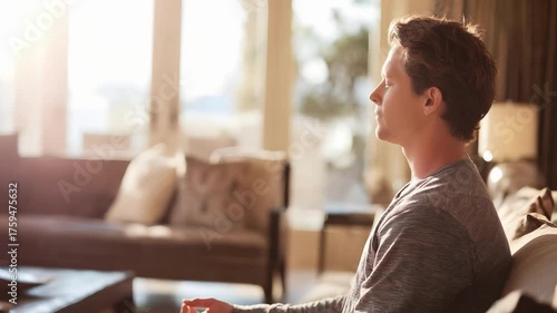 A man sits in a sunlit living room, facing to the right, wearing a gray shirt and relaxing on a couch by large windows.