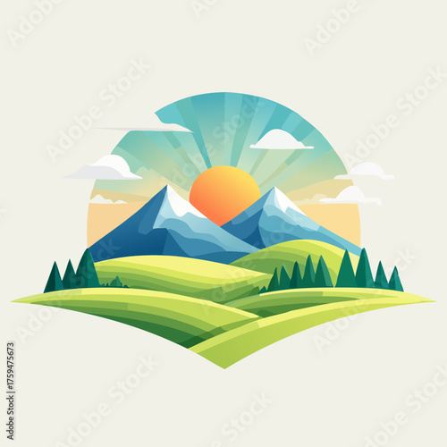 Sunrise over the mountains and green fields landscape illustration.