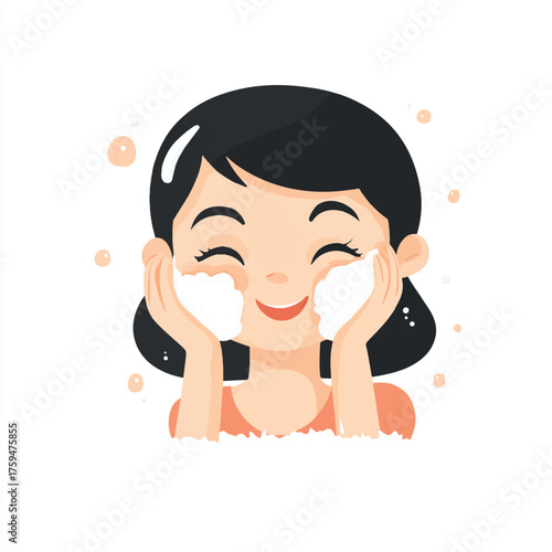 Happy woman washing face with foam enjoying skincare routine