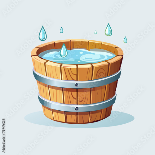 Wooden Bucket Filled with Water and Droplets.