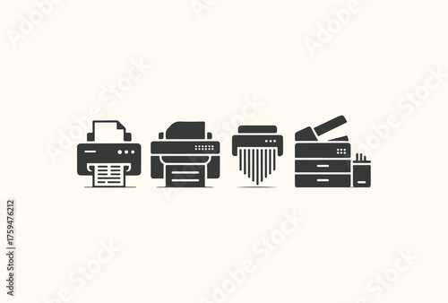 Vector art of set of four office equipment icons including a printer, copier, shredder, and fax machine