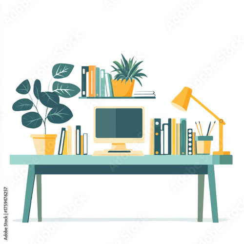 Home Office Workspace with Computer and Plants