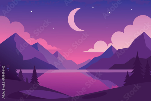 Serene mountain lake at twilight with a crescent moon and stars