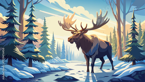 Very beautiful close-up of a majestic Alaskan moose wading through a frosty forest in the soft glow of early morning light, capturing winter’s whiteness and the raw beauty of wilderness.