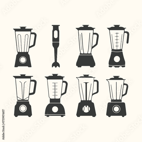 Vector art of collection of various blender icons and illustrations, including stick blenders and countertop models, isolated on a light background