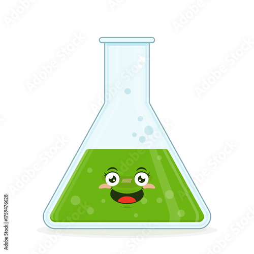 Erlenmeyer flask with green liquid playful face cartoon cute