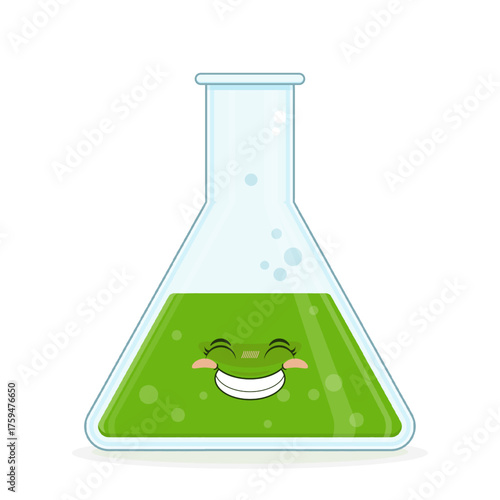 Erlenmeyer flask with green liquid smile face cartoon cute