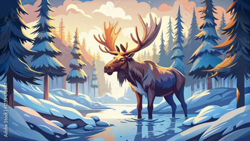 Very beautiful close-up of a majestic Alaskan moose wading through a frosty forest in the soft glow of early morning light, capturing winter’s whiteness and the raw beauty of wilderness.
