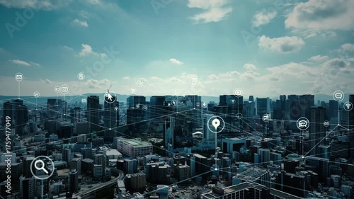 Concept image of aerial drone photography of a modern city and communication network