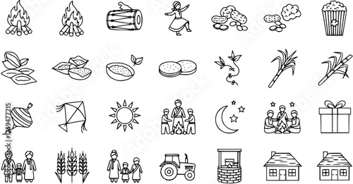 Lohri Harvest Festival Celebration Line Art Icons Set. Traditional Indian Symbols: Bonfire, Food, Dance, Kites, Family, and Farming Elements.