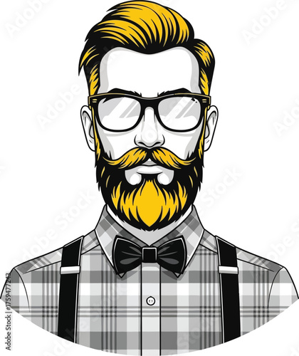 Vector illustration of illustration of a stylish hipster man with a beard, wearing glasses, a bow tie, and suspenders a modern and trendy design for various purposes