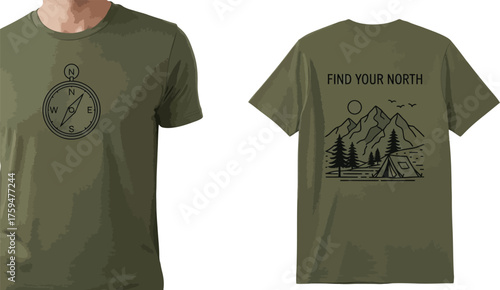 Olive green tshirt isolated on white background with a compass graphic on the front and a mountain landscape with the phrase find your north on the back, ideal for outdoor and adventurethemed apparel 