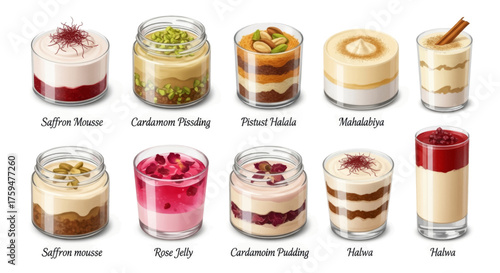 Collection of Delicious Indian Desserts in Glasses Saffron Mousse, Cardamom Pudding, and More
