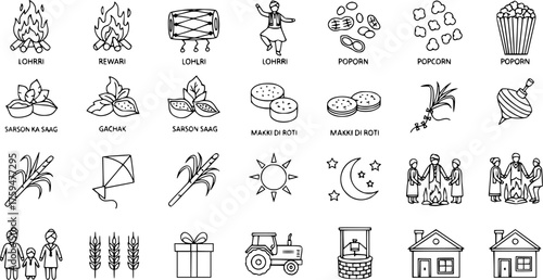 Lohri Festival Line Icons: Bonfire, Traditional Food (Sarson Saag, Makki Roti), Harvest, Dance, and Celebration Symbols of Punjab, India